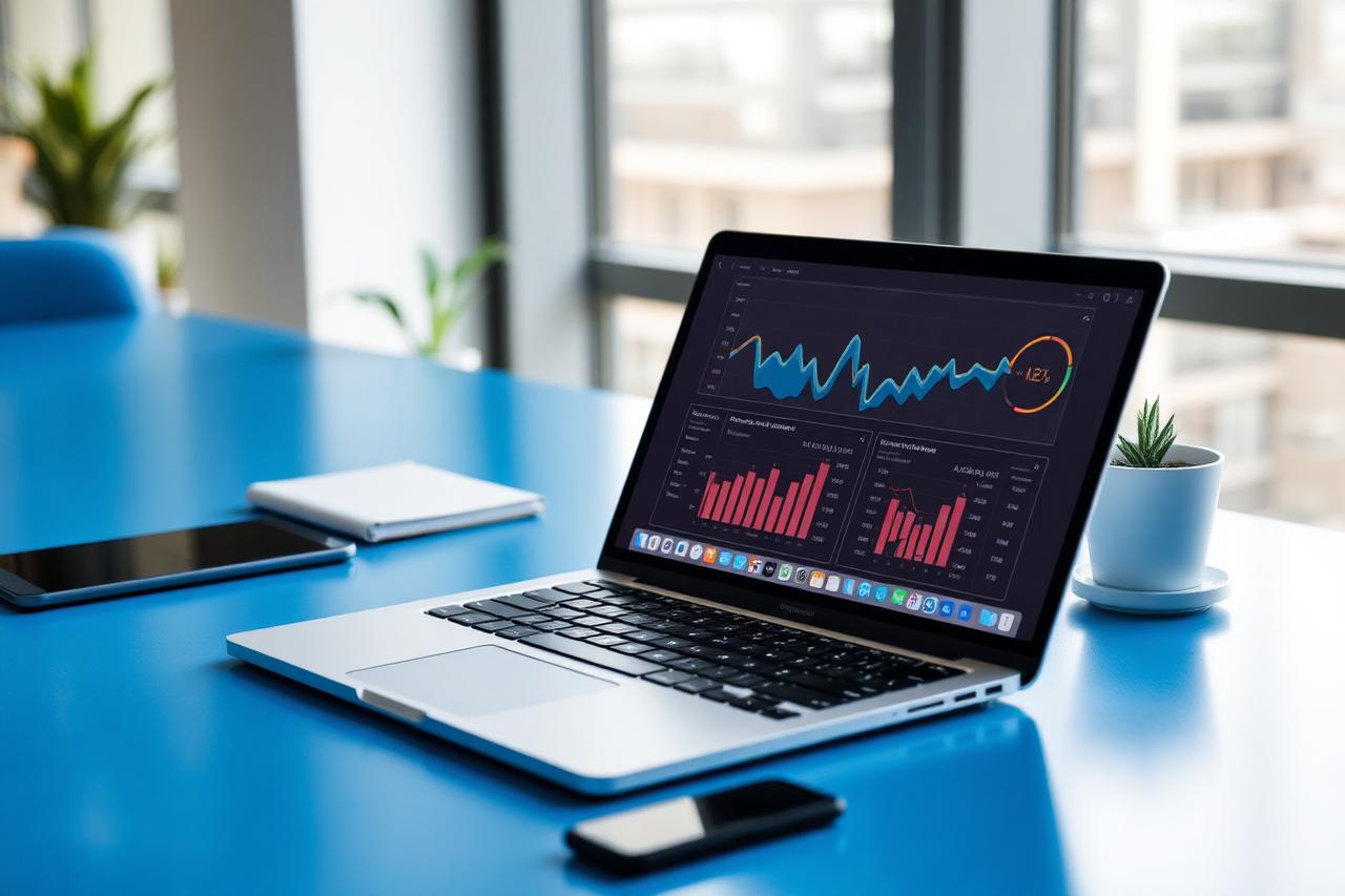 Laptop showing a marketing analytics dashboard on a blue desk