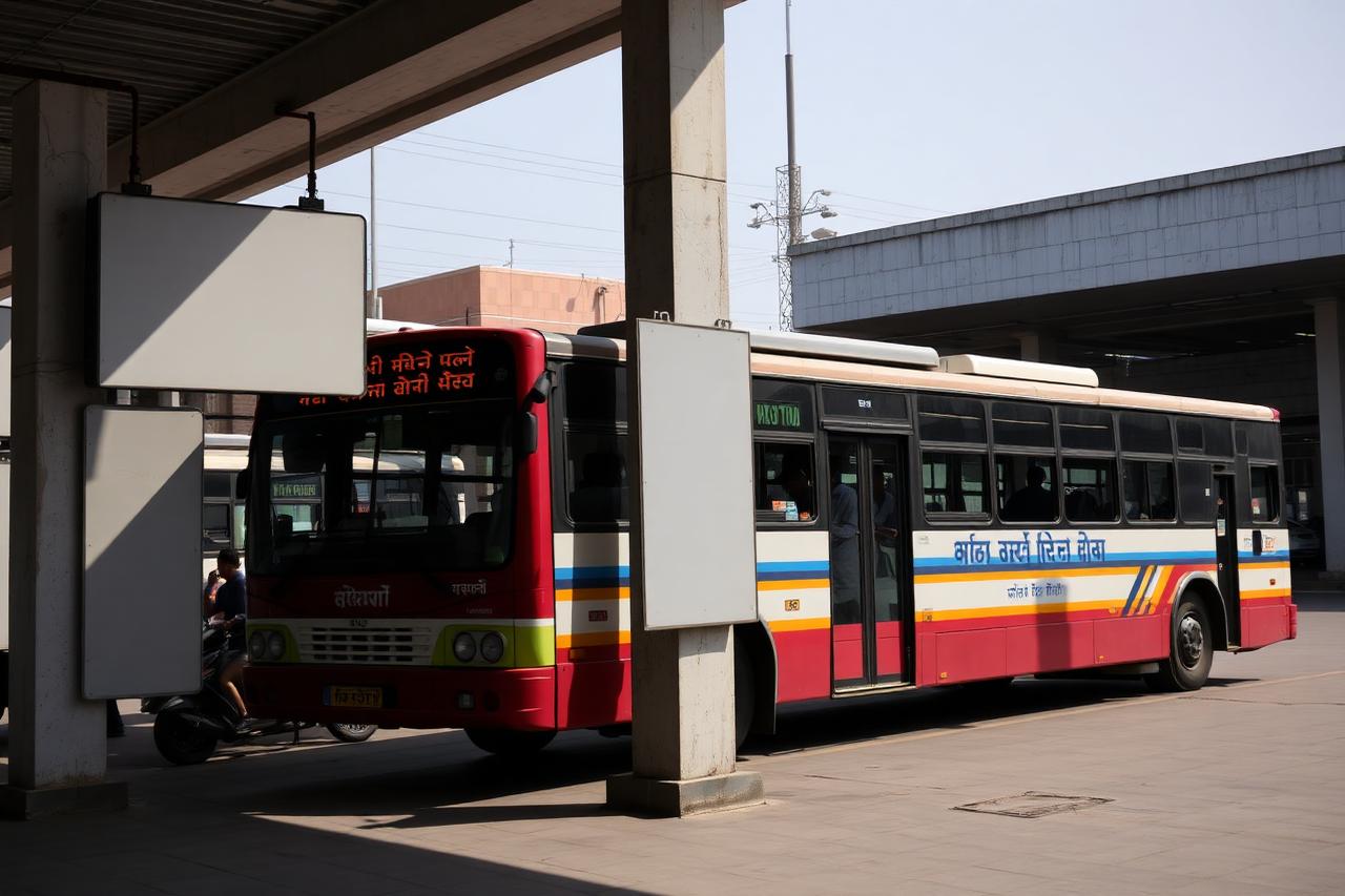Blank advertising pillar boards inside an Indian bus station